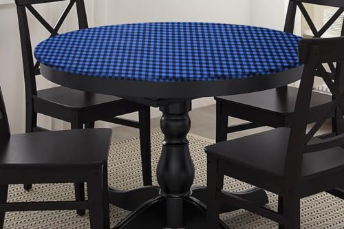 Image of The Furnishing Tree Round Elastic Fitted Dining Table Cover WxL 54x54 Inches Checkered Pattern Blue