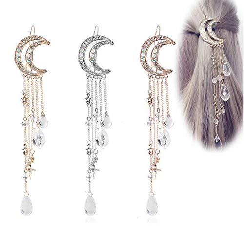 Vintage Elegant Moon Hair Clip for Styling Glitter Rhinestone Tassels Beads Dangle Hairpin Extensions for Wedding Jewelry Ponytail for Toddlers Girls Women Barrettes (Silver Moon)