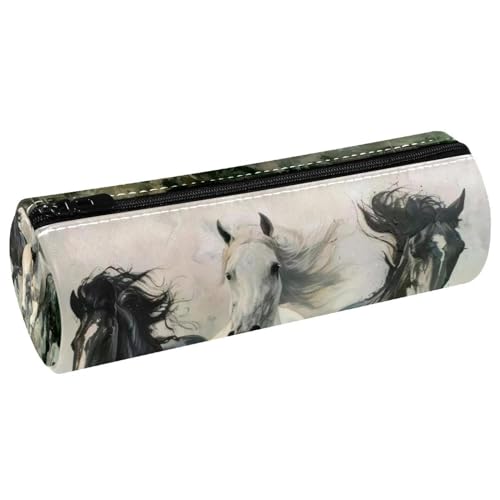 VAPOKF Trousse à crayons en cuir synthétique avec imprimé chevaux noirs et blancs - Trousse de maquillage pour femmes, filles, garçons, enfants - Fournitures scolaires et de bureau, multicolore