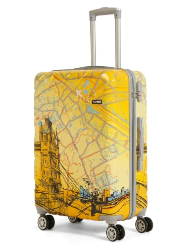 Image of Teakwood Premium Polypropylene Hard Case Printed Trolley Bag, Lightweight Unbreakable Luggage, 360 Dual Spinner Wheels, Side Combination Lock, Smooth Glide,Yellow, Medium