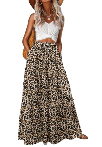 Image of Lepunuo Womens Casual Boho High Waisted Flowy Maxi Skirts Tiered Floral Long Skirts with Pockets for Summer Beach Vacation