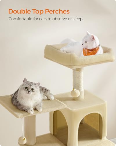 Image of Feandrea Cat Tree, 54.2-Inch Cat Tower, Plush Multi-Level Condo with 4 Scratching Posts, 2 Perches, Hammock, Cave, Beige UPCT161M01