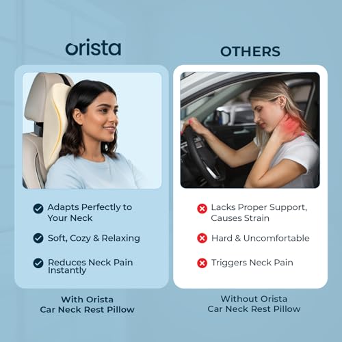 Image of Orista Premium Car Neck Rest Pillow | 2 Years Warranty | Memory Foam Neck Pillow for Car, Headrest Cushion for Neck & Cervical Support - Relieves Neck Pain & Fatigue | Beige Velvet