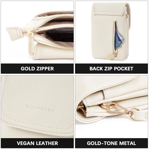 Image of BOSTANTEN Leather Small Crossbody Bags for Women Zipper Cell Phone Bag Wallet Purses Ajustable Strap, B-01-pebble Beige-white, Small, Cell Phone Crossbody Bag