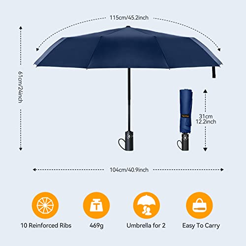 Techrise Large Windproof Umbrella, Wind Resistant Compact Travel Folding Umbrellas, Ladies Auto Open Close Strong Wind Proof Rain Proof With 10 Ribs Golf Umbrella Collapsible For Men Women (Blue) #TOP5