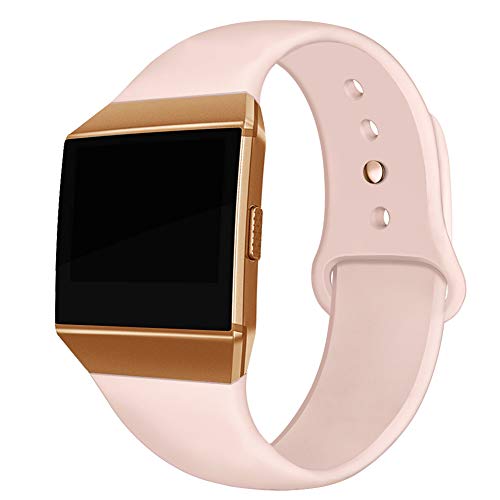 Kmasic Compatible Fitbit Ionic Correas, Correa Deportiva de Silicona Suave Reemplazo Transpirable Pulseras para Fitbit Ionic Smart Watch, Mujer Hombre, Grande, Rosa Arena con botón Dorado