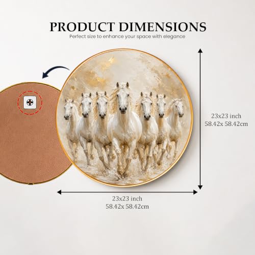 Image of PAINTINGMANTRA 7 Running White Horses Wall Art Painting with Frame for Living Room, Vastu Seven Horse Round Framed Painting for Home Office Bedroom, 23 Inch