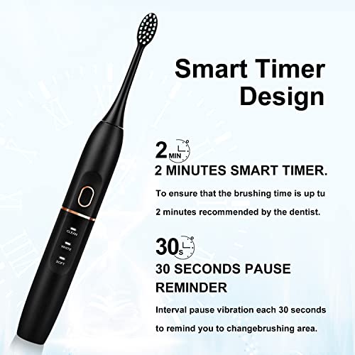 Kingheroes Sonic Electric Toothbrush With 8 Brush Heads & Travel Case，4 Modes, One Charge For 60 Days, 42000 Vpm Motor，Black Electric Toothbrush Set #TOP4