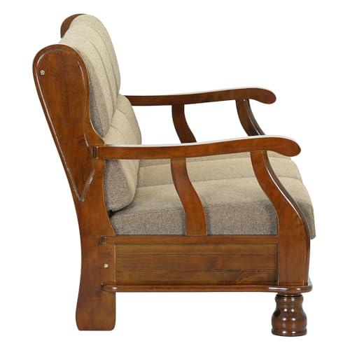 Image of Royaloak Melaka Wooden 3 Seater Sofa with Brown Colour Cushion | Solid Wood | Fabric Cushion Cover | Moulded Foam Cushions | Curved Arm Design | Durable & Long Lasting | Malaysian Collection