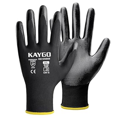 KAYGO Work Gloves Nitrile Coated, 12 Pairs KG12N?Seamless Knit, Protective Safety Work Gloves with Good Grip for General Work,Black,L