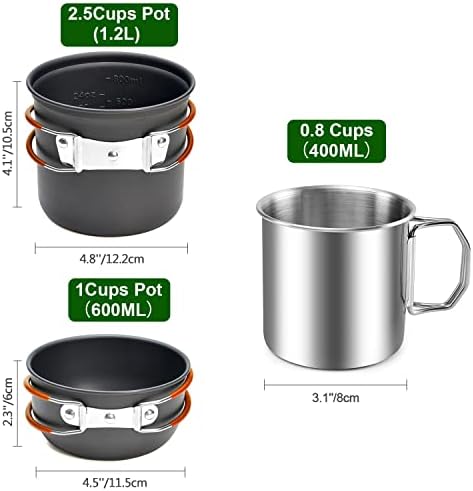 Odoland Camping Cookware Mess Kit for 1 People, Camping non-stick Cooking Set include Backpack Pot and Pan set with Stainless Steel Cup and Spork for Traveling Trekking and Hiking