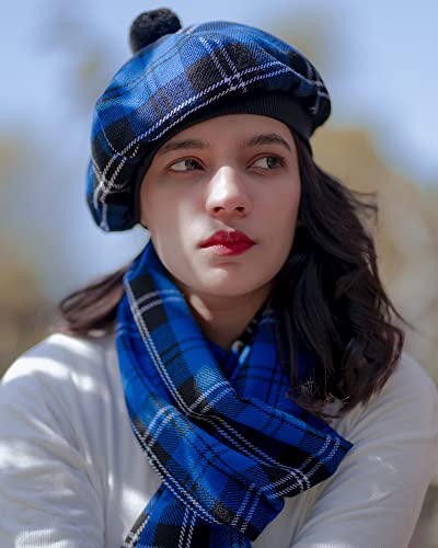 Image of Scottish Tam O' Shanter Hat Tartan Bonnet Pom Pom Wool Flat Cap One Size