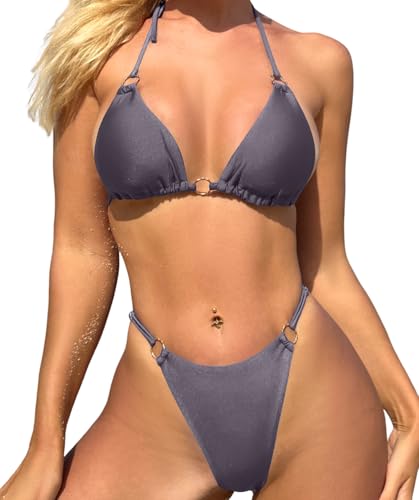 Image of MIKETAI Sexy Bikinis for Women 2 Piece Bikini Spaghetti Strap Swimsuits Solid Color Bathing Swimwear Triangle Bathing Suit