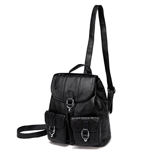 VASCHY Mini Backpack Purse for Women, Fashion Faux Leather Buckle Flap Drawstring Backpack for College with Two Front Pockets Black