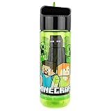 Minecraft Kinderflasche 480 ml – BPA-frei & phthalatfrei, robuste Wasserflasche aus Kunststoff mit integriertem Strohhalm zum Hochklappen, leicht, auslaufsicher & ideal für Schule und Sport