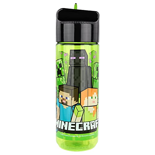 P:os 33171 - Trinkflasche für Kinder, ca. 540 ml, transparentes Design mit Minecraft Motiv und integriertem Strohhalm zum Hochklappen, aus Kunststoff, bpa- und phthalatfrei