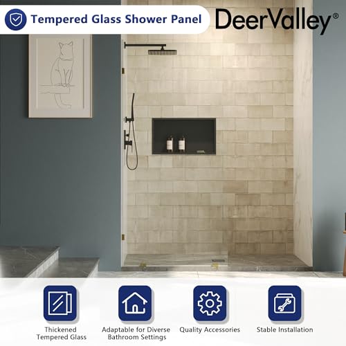 Image of DeerValley 36 inchx78 inch Frameless Shower Glass Panel, Brushed Gold | 3 /8'' Thick Tempered Glass, Stainless Steel Clamps, Reversible Installation, Easy to Clean