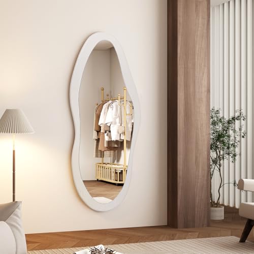 Image of AAZZKANG Irregular Full Length Mirror Wooden Asymmetrical Wall Mirrors Modern Large for Bedroom Dressing Room Living Room Entryway White 47 inchx20 inch