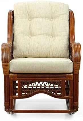 Malibu Rocking Handmade Lounge Chair ECO Natural Wicker Rattan Colonial Color with Cream Cushion, Indoor ONLY