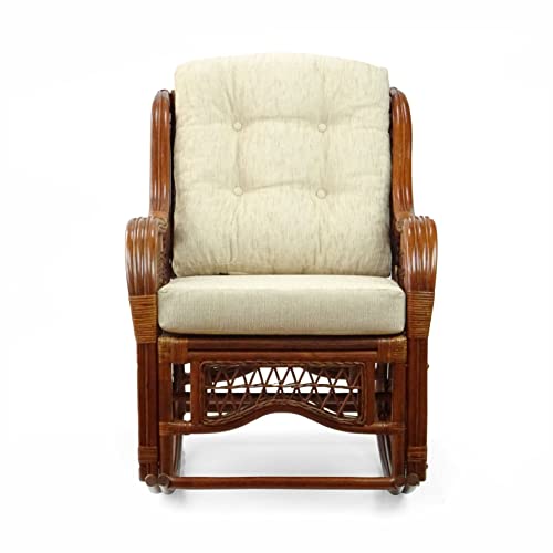 Malibu Rocking Handmade Lounge Chair ECO Natural Wicker Rattan Colonial Color with Cream Cushion, Indoor ONLY