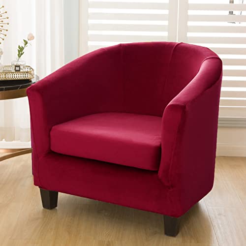 Mifxin Tub Chair Slipcover 2-Piece Velvet Barrel Club Chair Covers With Cushion Cover Stretchy Soft Washable Armchair Sofa Couch Furniture Protector For Living Room Hotel Cafe (Red) #TOP1