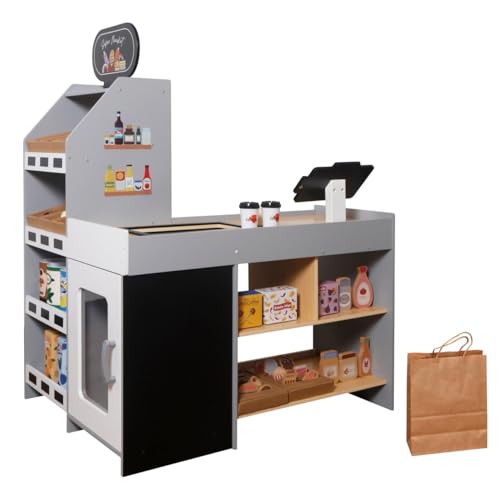 CASA EASTER Simulador de Supermercado Infantil, Juego de Madera con Comida de Juego, pizarrón, Caja registradora, transportador de Trabajo. Minisuper