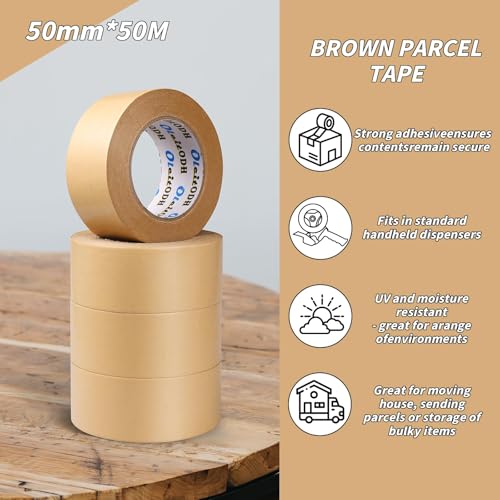 Image of Oleitodh 16 Pack Brown Paper Packing Tape, Kraft Paper Tape Bulk 2 inch x 55 Yardx 7 mil Gummed Tape for Marking, Sealing Box, Masking, Shipping, Strong Adhesive Easy-to-Tear Waterproof Tape