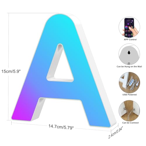 Kangtaixin Lettres Lumineuses Alphabet, Lumineux Lampe LED Lettre RGB, App Controllo Lumières Lettre Deco Opérateur à USB pour Anniversaire, Fête, Mariage, Vacances, Maison, Bar, Se Marier - A – vue 3