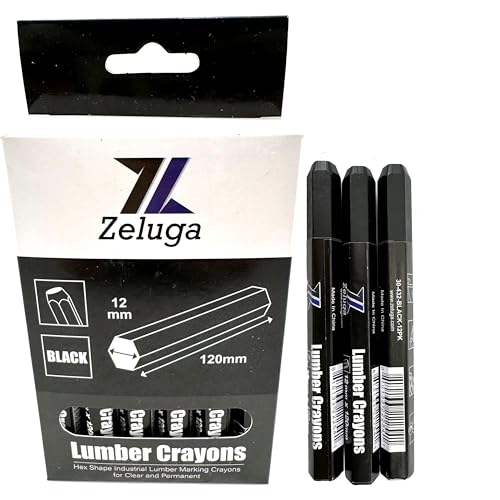 Zeluga 4.7in. x 0.47in. Hex Shape Industrial Lumber Marking Crayons for Clear and Permanent Markings Black 12 Pack