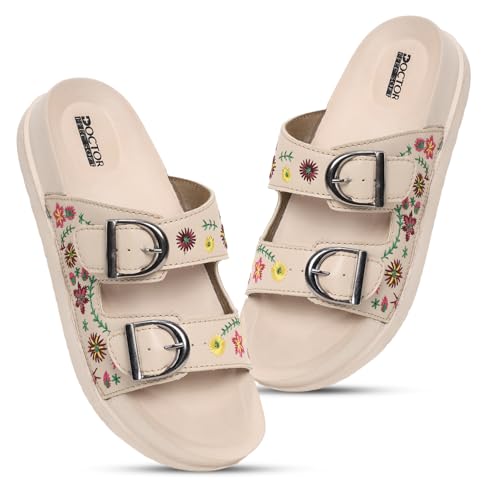 Image of Women Floral Double Strap Buckle Slides | Embroidered Casual Slip-On Sandals for Girls | Lightweight Anti-Slip Comfortable Everyday Wear Flats