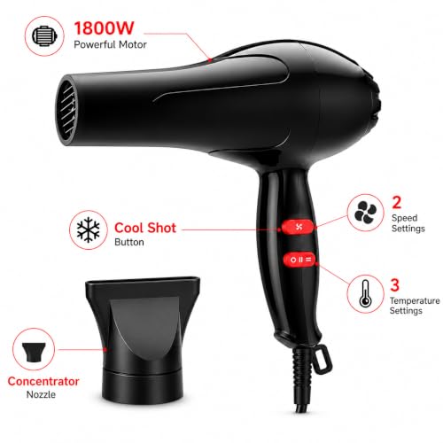 Image of Hair Dryer 1800W Powerful Hot & Cold Air Blow Dryer for Women & Men | Lightweight Hair Dryer with Styling Nozzle | Fast Drying Hair Dryer for Home, Salon & Travel Use (MULTOCOLOR)