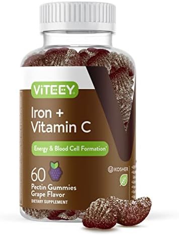 Iron Gummies 20mg + Vitamin C 26mg for Iron Deficiency and Anemia, Supports Energy, Blood Cell Formulation, Blood Builder, Vegan Supplements, Gluten Gelatin and GMO Free, Chewable Grape Gummy Chews