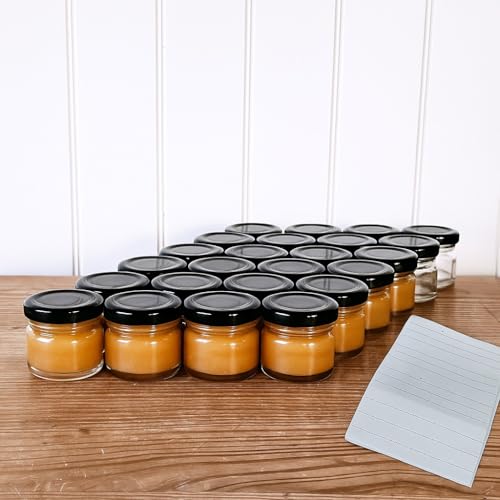OOPS TOYS Lot de 24 pots en verre avec couvercle 30 ml Mini - Pots de confiture avec couvercle à vis - Mini pots de conserve avec étiquettes - Petits pots,...