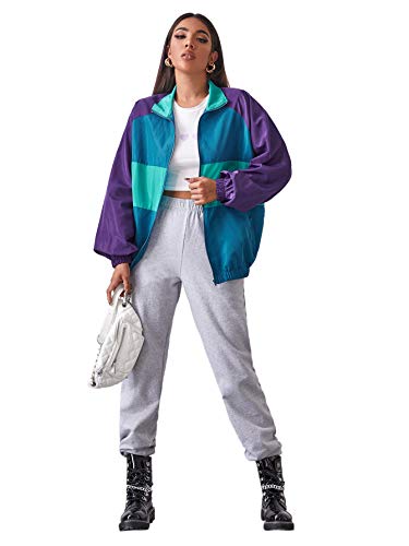 SweatyRocks Women's Lightweight Windbreaker Patchwork Zipper Sport Jacket Coat Outerwear4