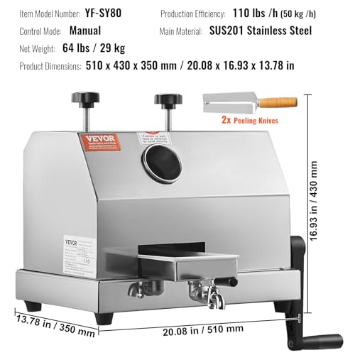 VEVOR Commercial Sugar Cane Juicer, 110LBS/H High Output Sugarcane Juicer Machine with 3 Stainless Steel Rollers, 2.4" Large Inlet, Manual Sugarcane Juice Extractor Squeezer for Home/Commercial Use