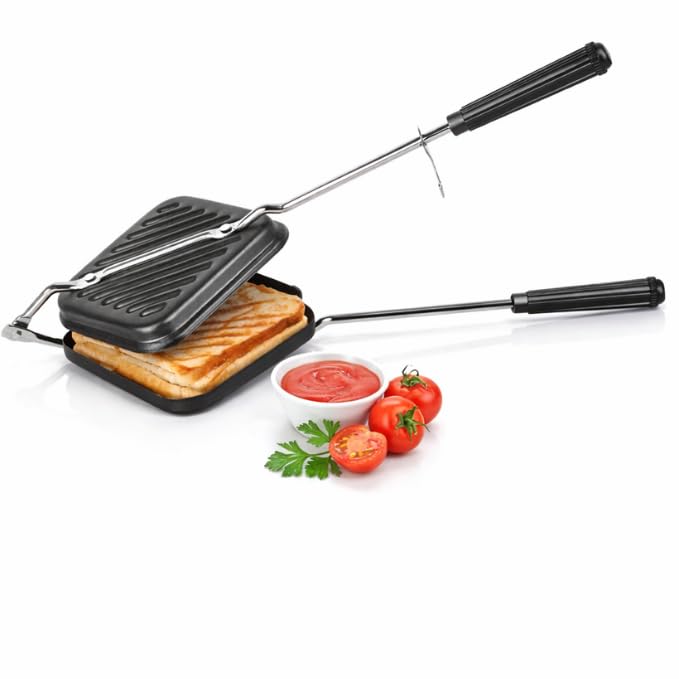 Image of Non-Stick Sandwich Toaster for Gas Stove | Grill & Toast Sandwiches in Minutes | Double-Coated Non-Stick | Durable & Easy to Use | Black Sandwich Maker | Heavy-Duty Cast Aluminum Body | (Grill)