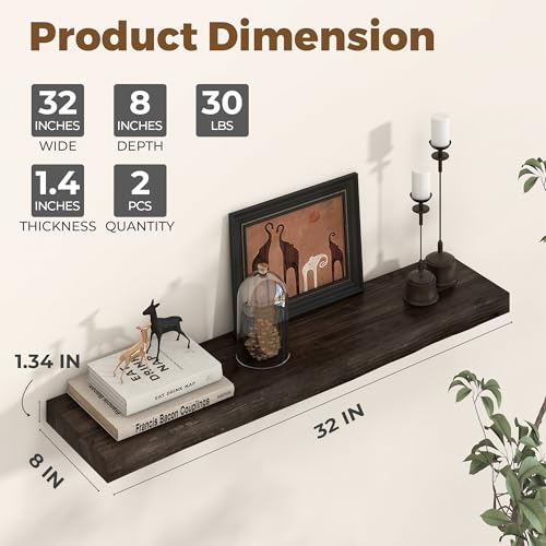 Image of Axeman 32 inch Floating Shelves for Wall Live Edge, Walnut, 2PCs | 8'' D Rustic Solid Elm Wood, Wall Mounted, Wall Shelves, Invisible Bracket, Living Room Bedroom Kitchen