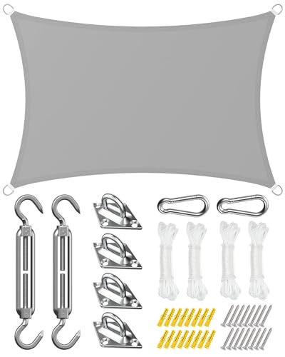 Maxesla Sun Shade Sail Rectangle Waterproof, 420D Oxford Waterproof Garden Shade Canopy, Garden Canopy with Awning Attachment for Garden Beach Patio, 98% UV Block, Free Fixing Kit, 2 x 3m, Grey