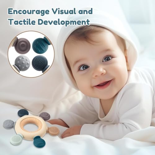Image of Akolik Baby Teething Ring Set, Silicone Teethers, BPA-Free Grasping Toys for 0-18 Months, Grey (Silicone)