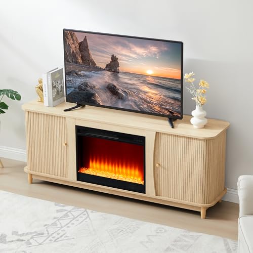 Image of Fireplace TV Stand, Fluted TV Stand with Storage and Sliding Door, Farmhouse Entertainment Center Media Console Table for Living Room (Natural)