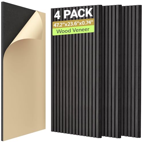 TONOR Paneles 3D Acusticos de Madera Autoadhesivo, Pack 4 Aislante Acustico Decorativo, 120x60x1,9 cm Insonorizacion Acustica Pared, Doble Capa Palilleria Insonorizar para Absorción de Eco, Negro