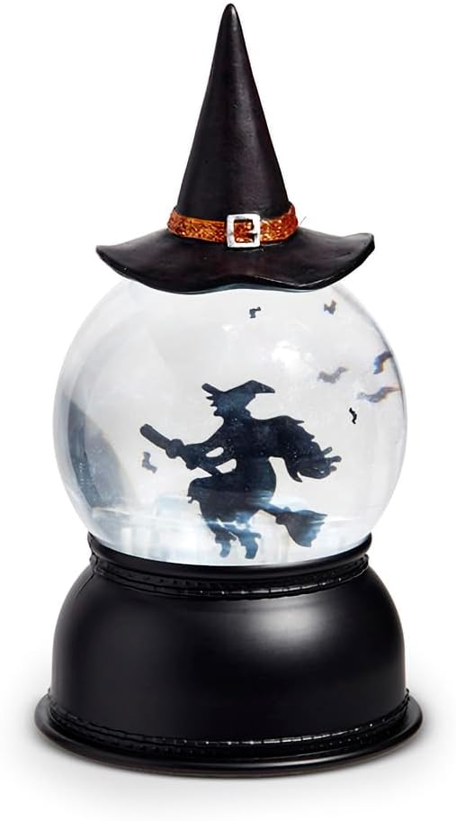 Raz Imports Flying Witch Lighted Swirling Bat Water Globe, 8-inch Height, Christmas Decoration, Black and Clear, 4416928