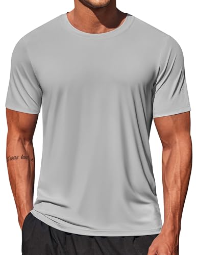 COOFANDY Mens Swim Shirt Short Sleeve UPF 50+ Sun Protection Shirt Quick Dry Tee Shirts Light Grey