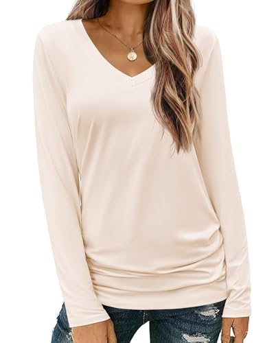 Zeagoo Womens T Shirts Long Sleeve V Neck Basic Tee Casual Loose Fit Soft Fall Tops Outfits 2025 S-XXL Apricot