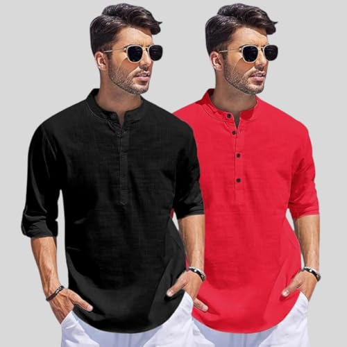 Image of Bellstone Men's Cotton Blend Straight Kurta Shirt Combo with Mandarin Collar - Slim Fit Casual Short Kurti Set Featuring Textured Slub Fabric and Roll-Up Full Sleeves