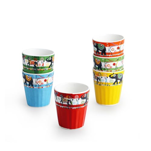 Image of ExclusiveLane 'Elephant & Camel Motifs' Ceramic Tea Cups Set of 6 for Tea Cups Ceramic (Set of 6, 120 ml, Microwave Safe, Without Handle) | Coffee Cup Set Ceramic Cups Tea Cup Chai Cups for Tea