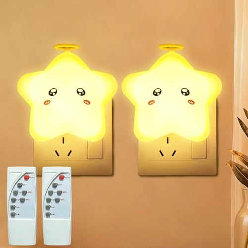 Image of 2 Pack Star Night Light with Remote,Plug-in Dimmable Nightlight for Kids, 3 Color Modes,10 Brightness Levels,Timer Function,Soft Glow, Energy Efficient,Ideal for Bedroom,Hallway, Bathroom