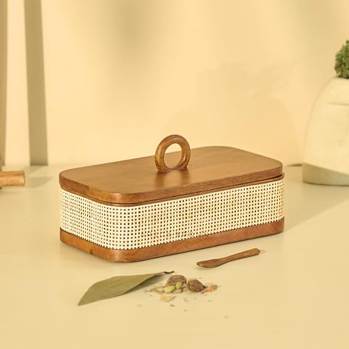 Image of Brick Brown Wooden Tresso Masala Box for Kitchen | Handcrafted Rattan Spice Box with 8 Steel Containers & Wooden Spoon | Masala Dani /Namak Dani | Masala Dabba Storage Box (10.6 x 5.9 x 5.5 Inch)