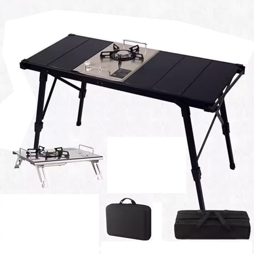 Mesa de camping plegable portátil de aluminio de altura ajustable con estufa IGT, ideal para picnics, fiestas y banquetes, acabado plateado ligero