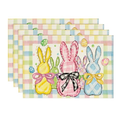 Artoid Mode Colorful Buffalo Plaid Bunny Rabbits Happy Easter Placemats Set of 4, 12x18 Inch Seasonal Spring Holiday Table Mats for Party Kitchen Dining Decoration